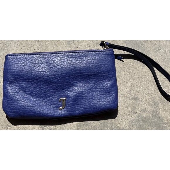 Juicy Couture Blue Faux Leather Pouch Wristlet Wallet Clutch Purse Black Lining - Picture 10 of 16